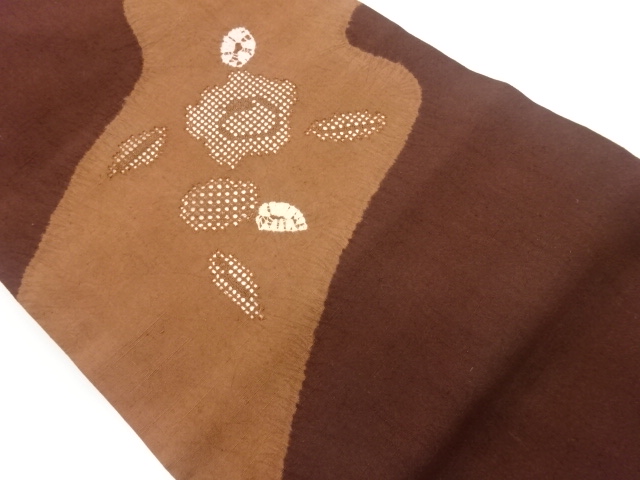 手織り紬カットワーク絞り花葉模様名古屋帯